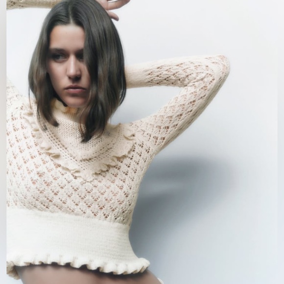 ZARA CROCHET POINTELLE RUFFLE SWEATER - Picture 6 of 10